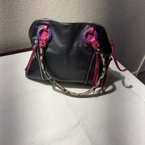 Black Leather Tote with Pink & Purple Accents and Leopard Strap
